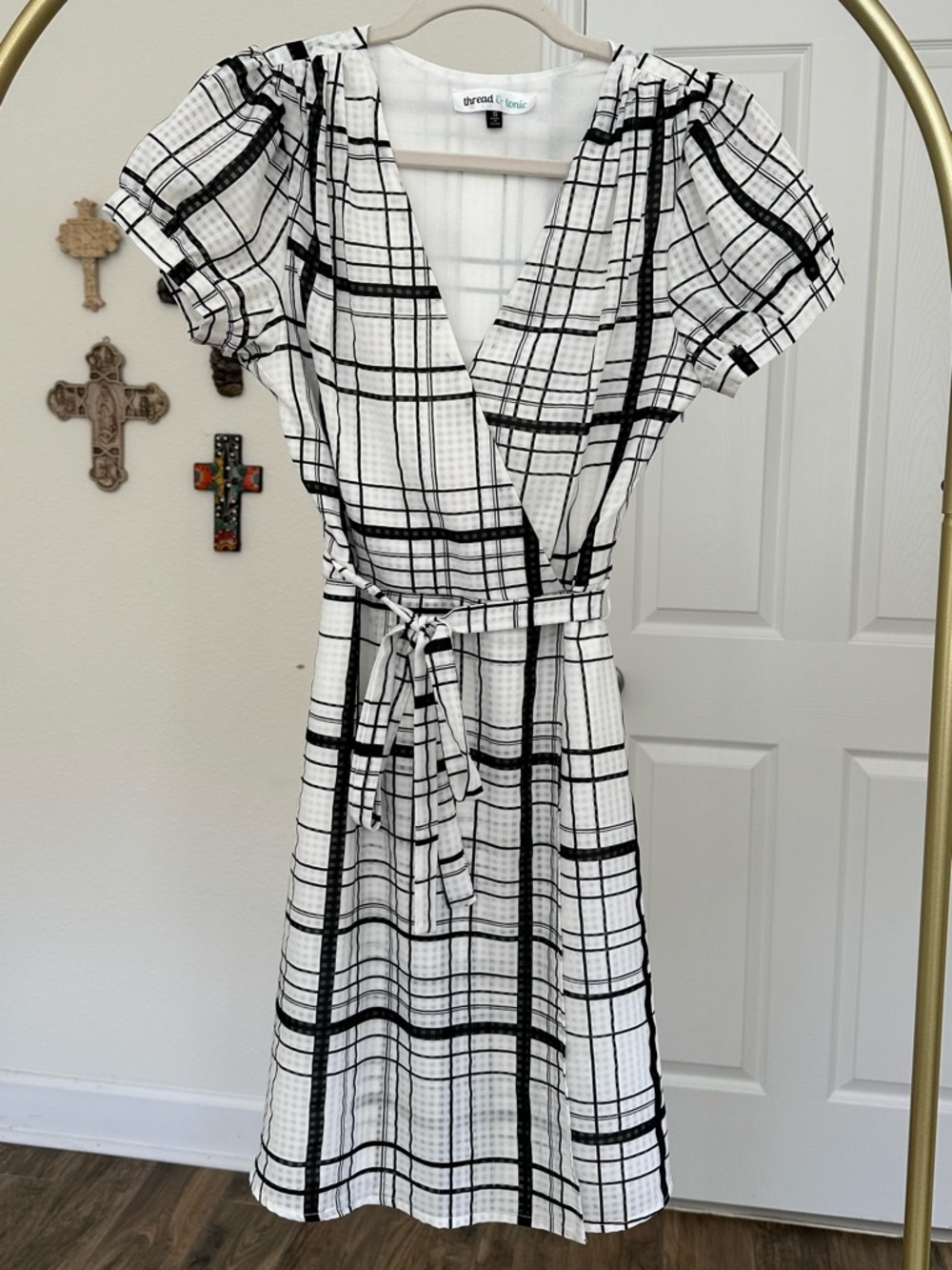 Thread & Supply White and Black Plaid Wrap Midi Dress